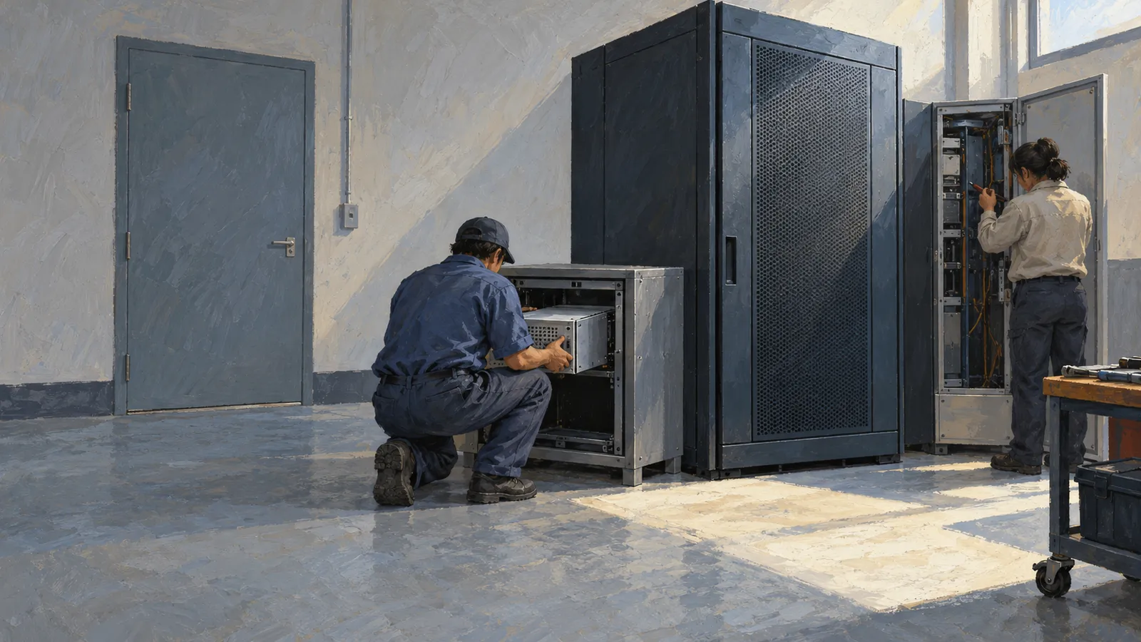 A painterly illustration of two workers tending server cabinets in a sunlit room, one kneeling beside an open unit and the other working inside a tall rack. SI illustration