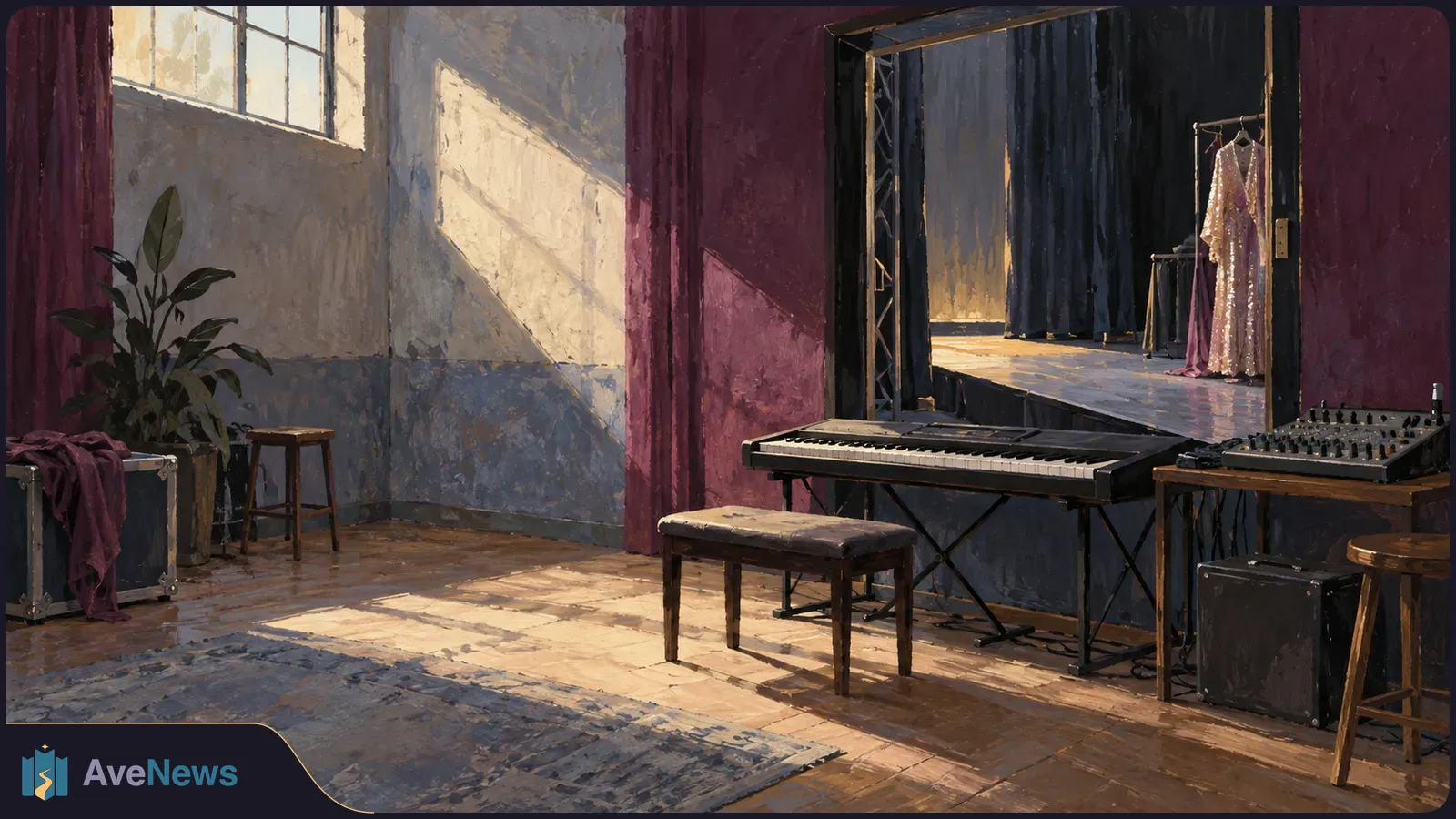 A painted backstage room holds a keyboard, bench and sound mixer; a sparkling dress hangs beside a curtained stage. SI illustration