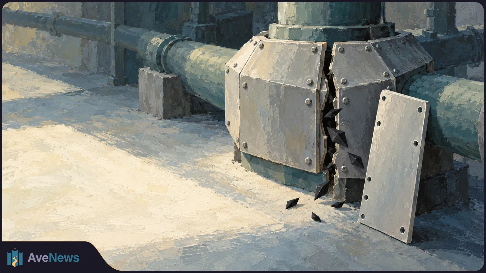 Painterly illustration of large pipes meeting at a cracked, bolted metal housing. A detached panel leans against it, with dark fragments scattered on the floor. SI illustration