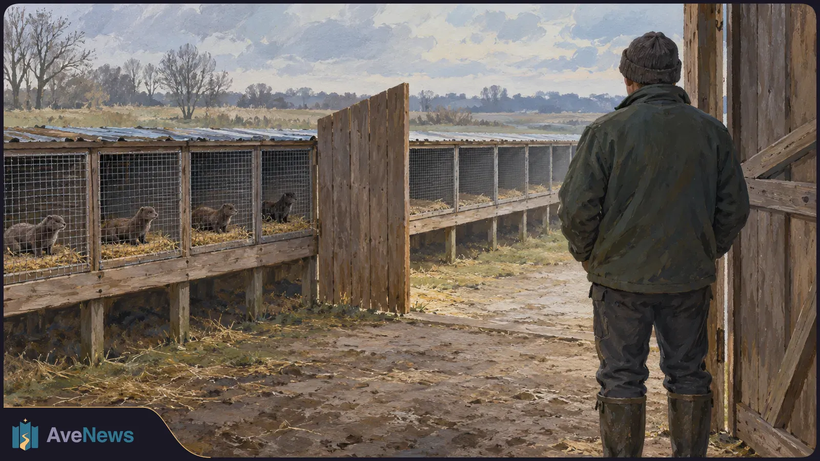 A painted scene shows a person from behind standing beside rows of wire cages holding mink, with muddy ground, wooden fencing and bare trees beyond. SI illustration