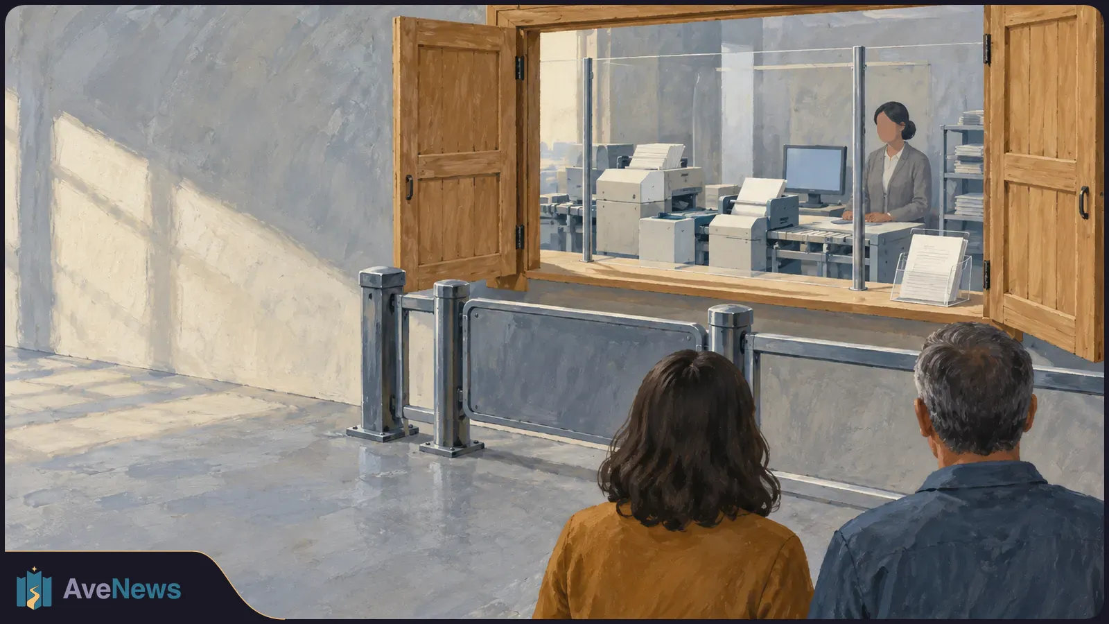 Illustration of two people facing a glass-fronted service counter, with a staff member, computer and document-processing machines behind it. SI illustration