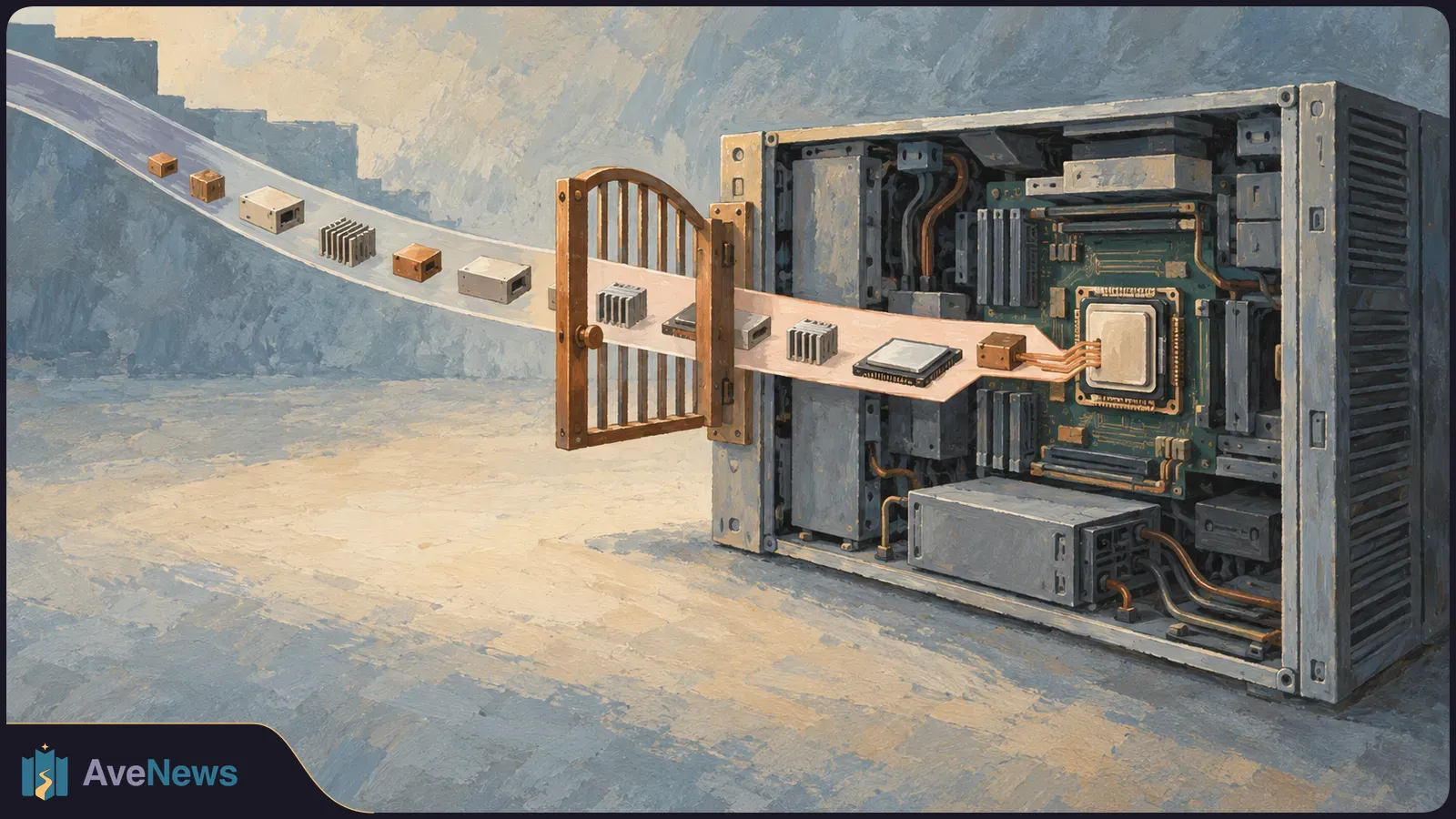 Painted illustration of computer components moving along a conveyor belt through a wooden gate toward the exposed interior of a server. SI illustration