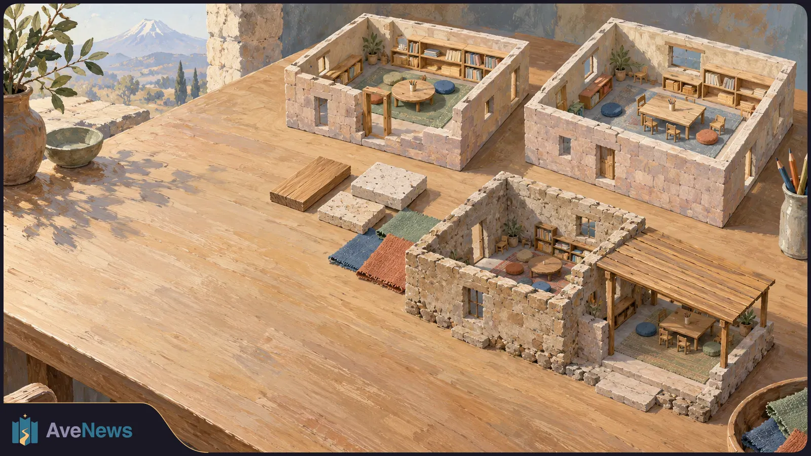 Three roofless miniature stone buildings sit on a wooden table, furnished with bookshelves, tables, rugs and cushions. Building materials lie between them. SI illustration