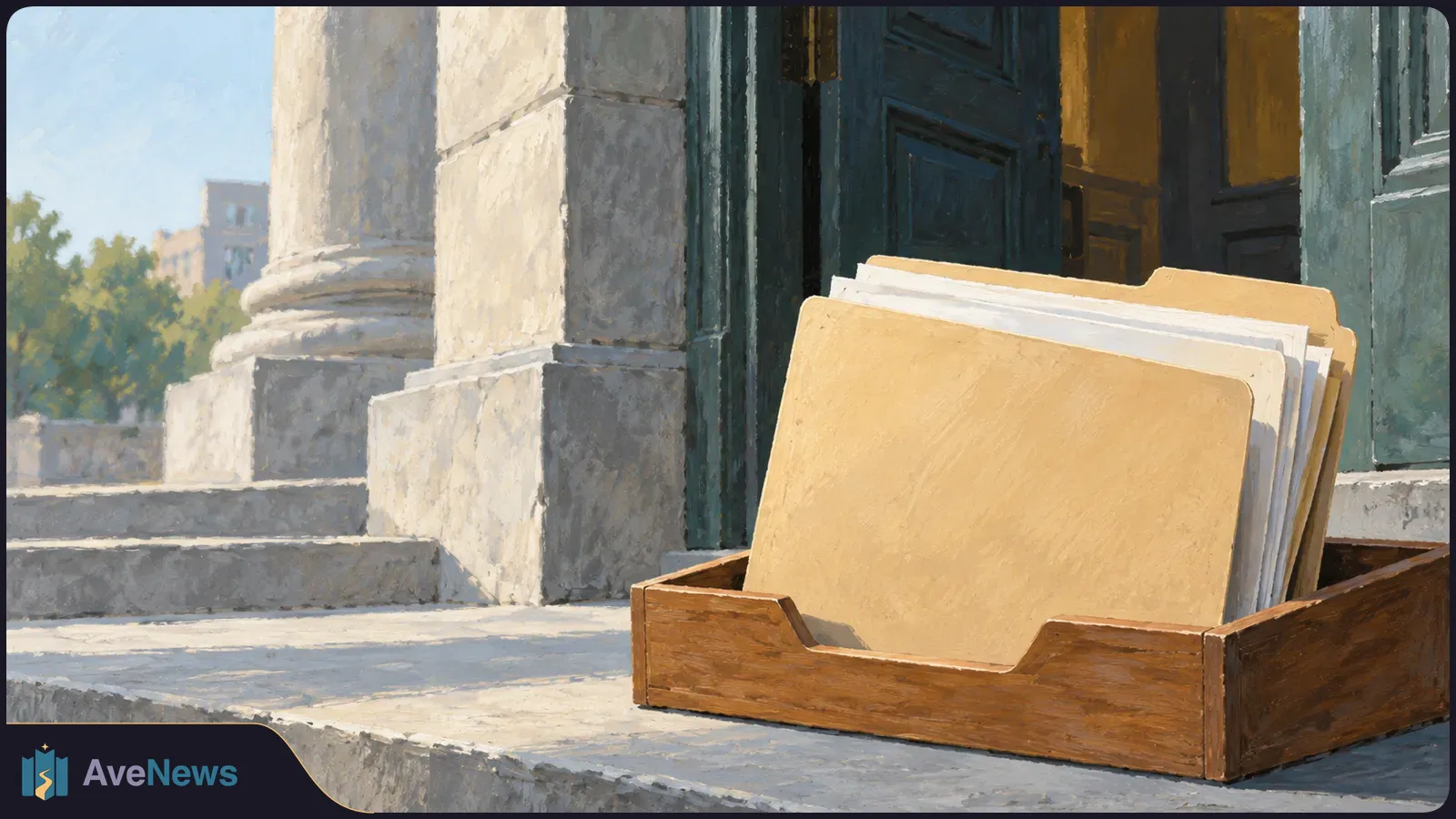 Illustration of blank folders and papers in a wooden tray on stone steps beside a dark green doorway and columns. SI illustration