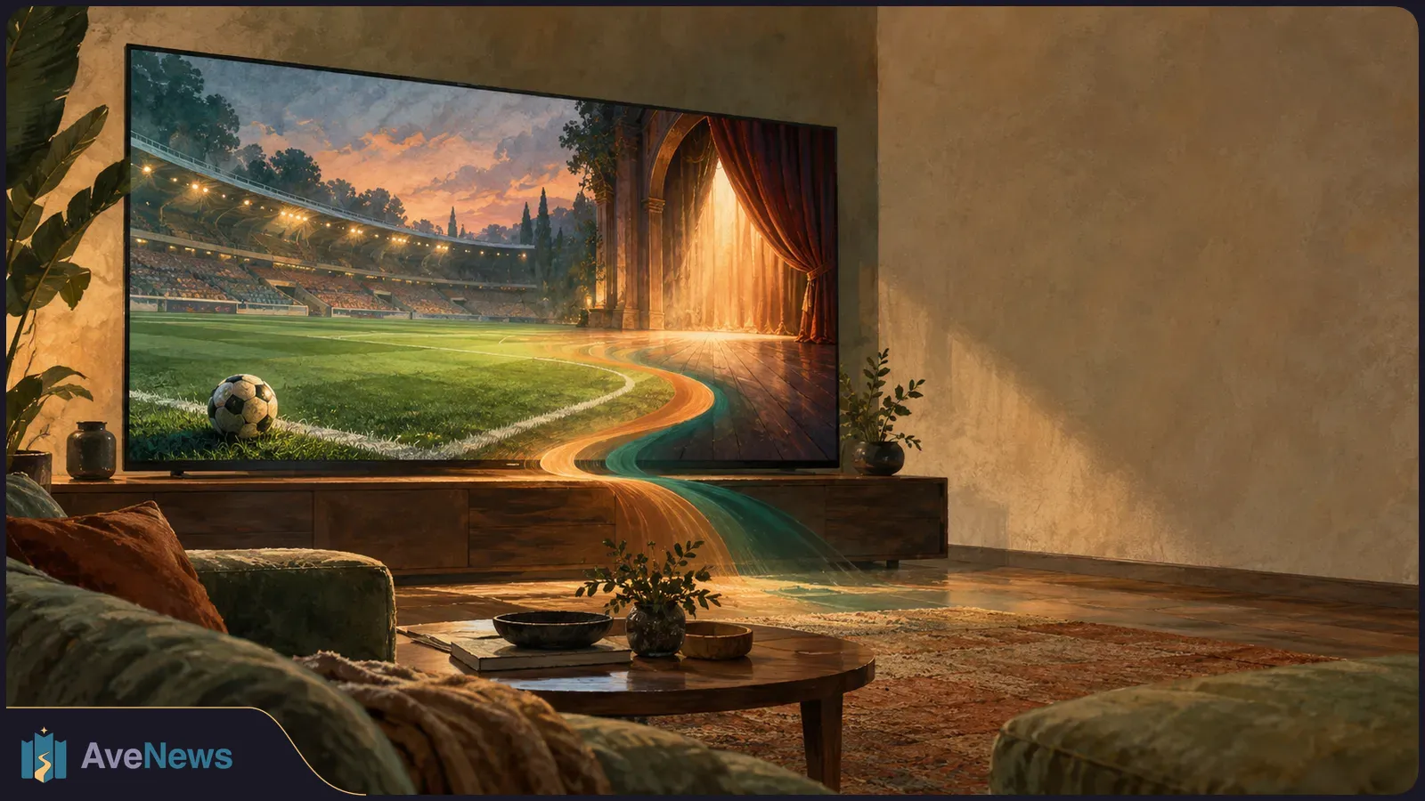 A living-room TV blends a football field with a curtained stage, while orange and teal ribbons flow from the screen into the room. SI illustration