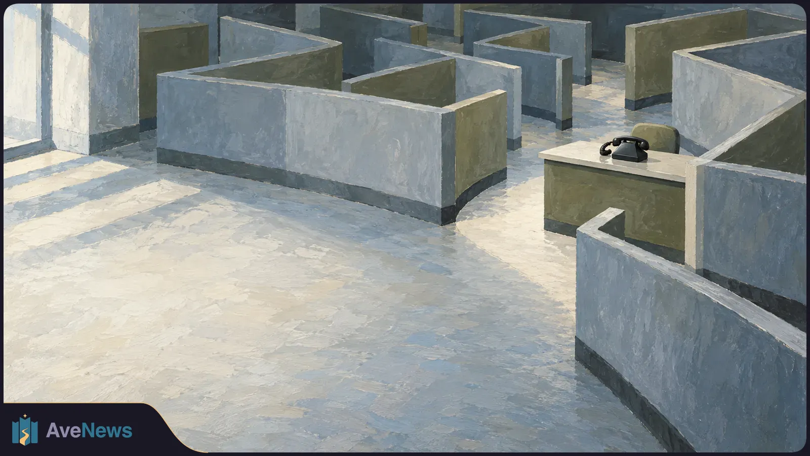 A black desk telephone sits amid a maze of empty gray office partitions, with sunlight stretching across the floor. SI illustration