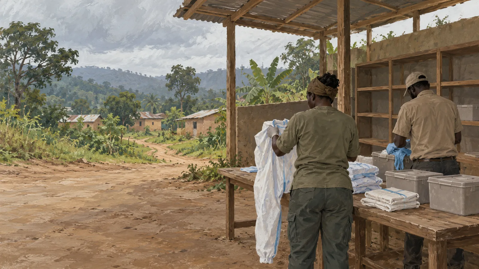 Two people handle white protective suits and supplies at a wooden shelter overlooking a rural settlement and wooded hills. SI illustration