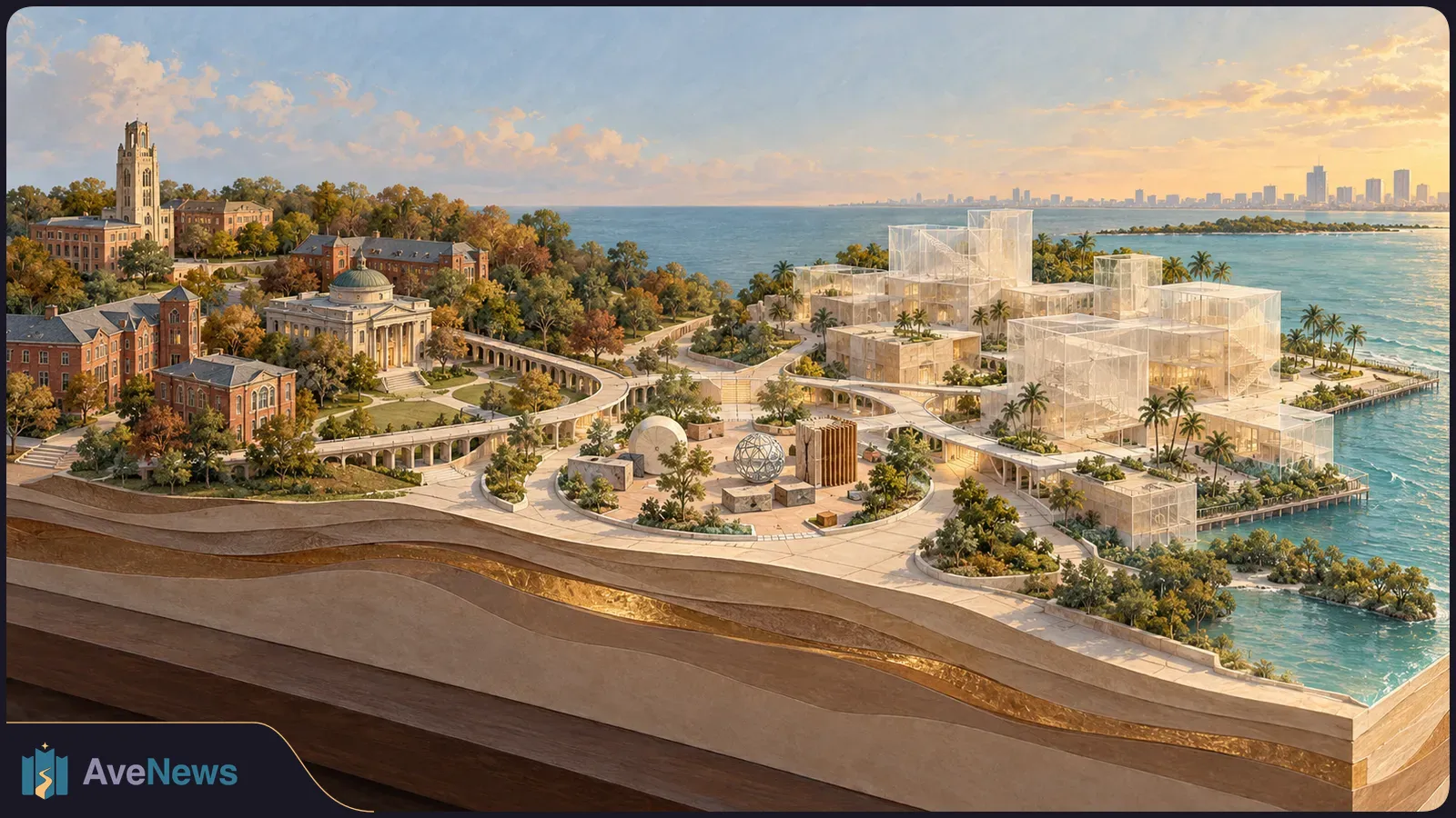 Illustrated coastal campus with historic brick buildings on the left and modern glass buildings by the water on the right, connected by curving walkways. SI illustration