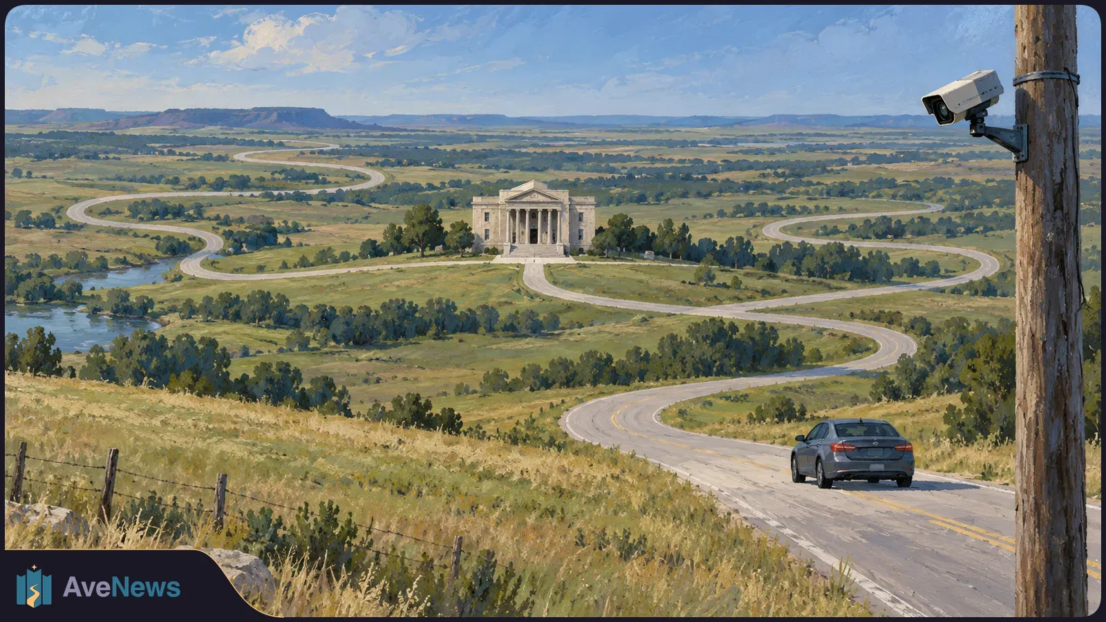 A car follows a winding road through open fields toward a columned courthouse. A surveillance camera is mounted on a pole in the foreground. SI illustration