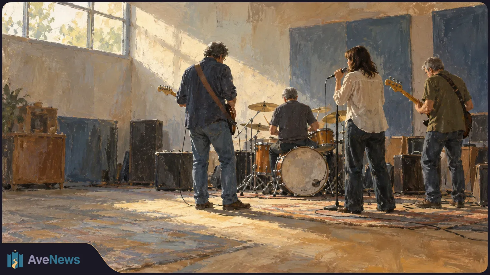 Painterly illustration of four musicians rehearsing in a sunlit room: a singer at a microphone, two guitarists and a drummer, with amplifiers around them. SI illustration
