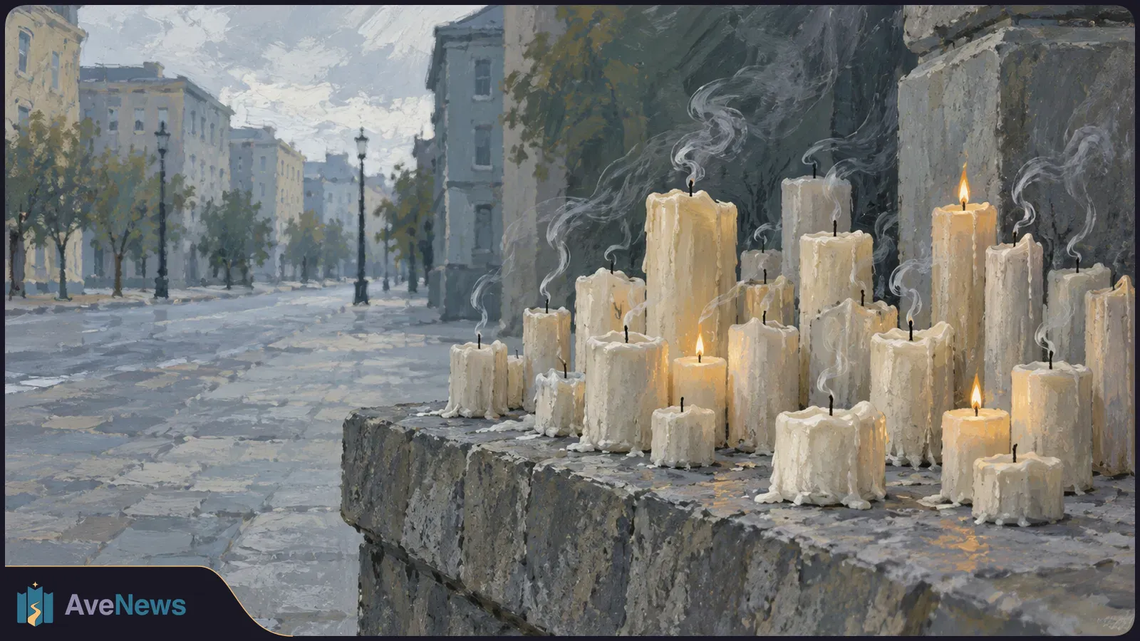 Painted scene of white candles on a stone ledge, a few burning and others trailing smoke, beside a quiet, tree-lined city street. SI illustration