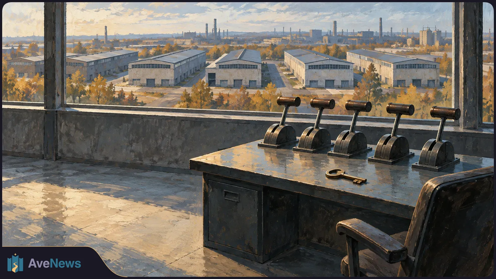 Painted view of five metal levers and a key on a desk beside a window overlooking factory buildings and an industrial skyline. SI illustration
