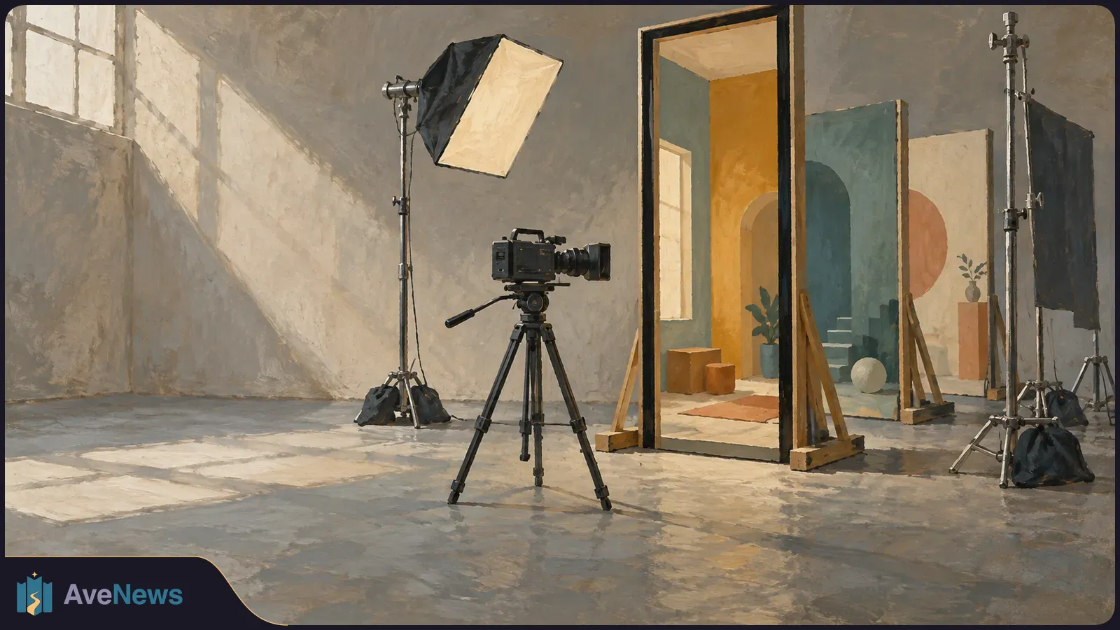 Painted video studio with a camera on a tripod, lighting stands, and a tall doorway set among colorful backdrop panels. SI illustration
