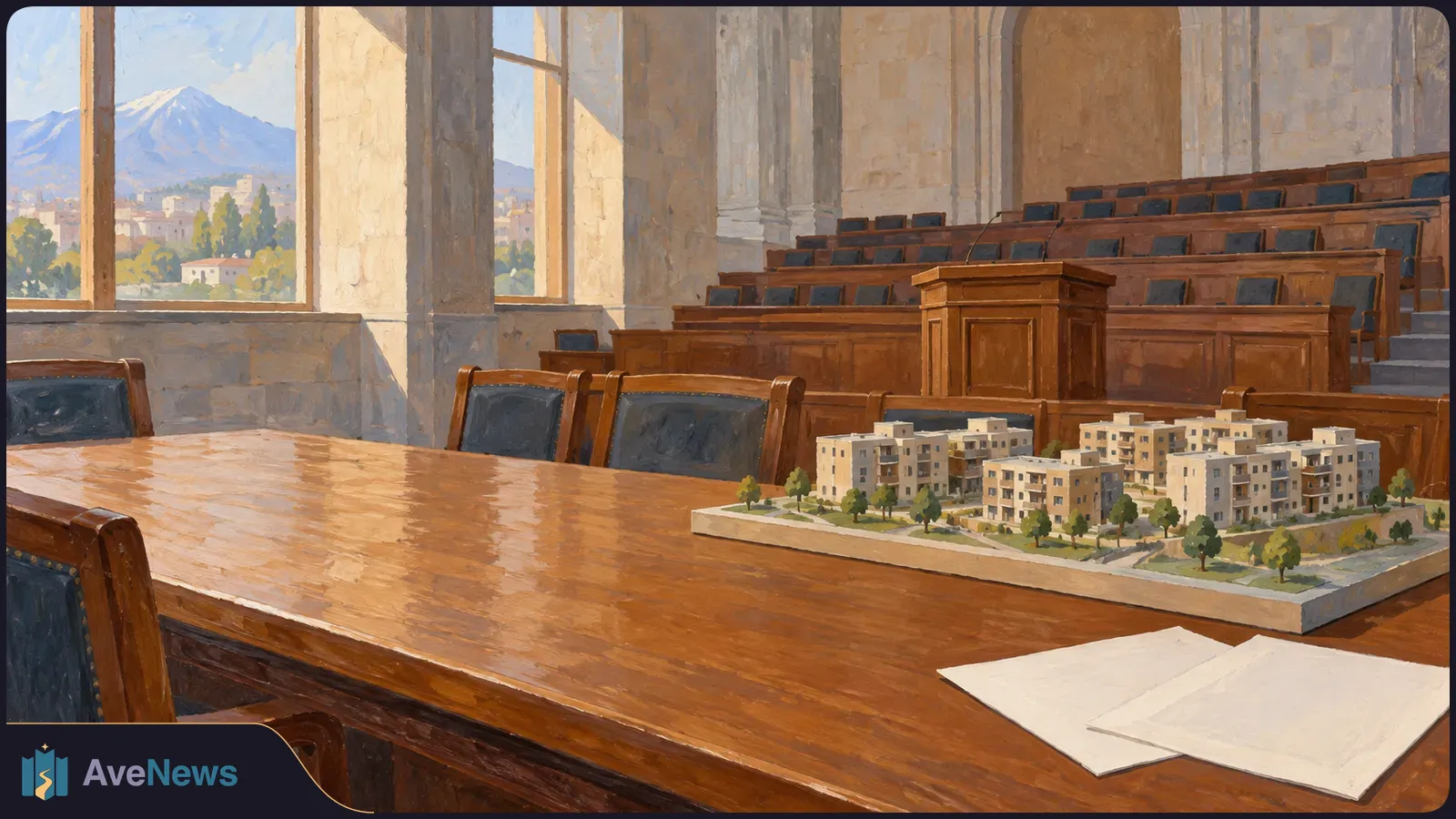 Painted parliamentary chamber with a model of apartment buildings on a wooden table, blank papers nearby, and a mountain visible through the windows. SI illustration