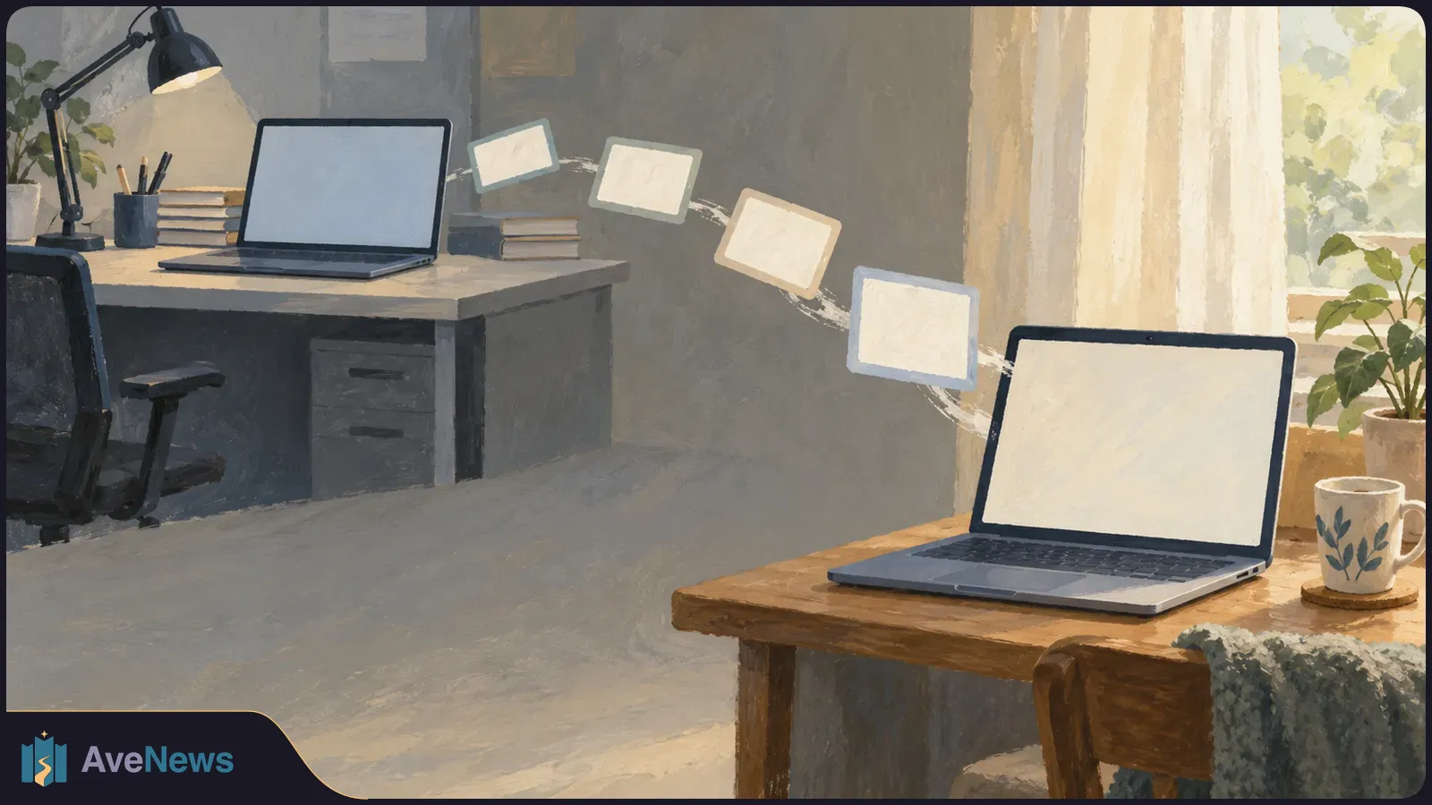 Painted scene of blank image tiles moving between a laptop on an office desk and another on a table by a window. SI illustration