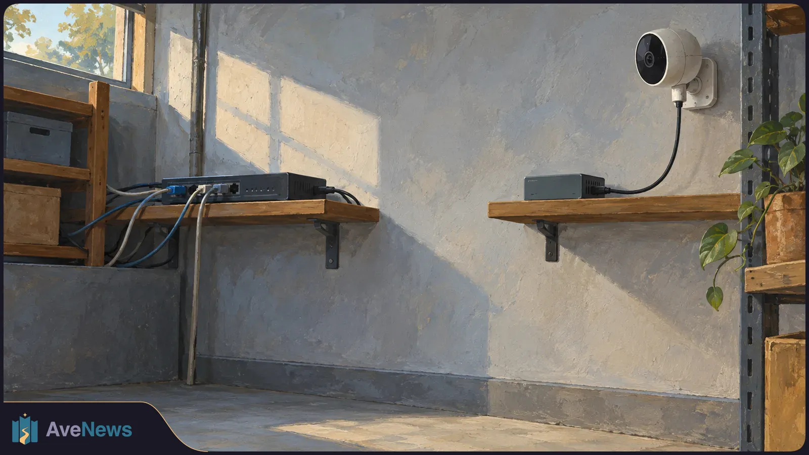 Painted room with a wall-mounted security camera wired to a box on a shelf. A network switch with several cables sits on another shelf beside a window. SI illustration