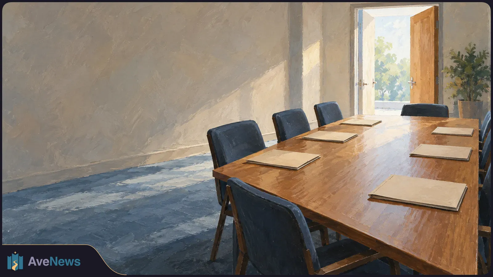 Painted empty meeting room with a long wooden table, dark chairs, unmarked folders, and an open door overlooking trees. SI illustration