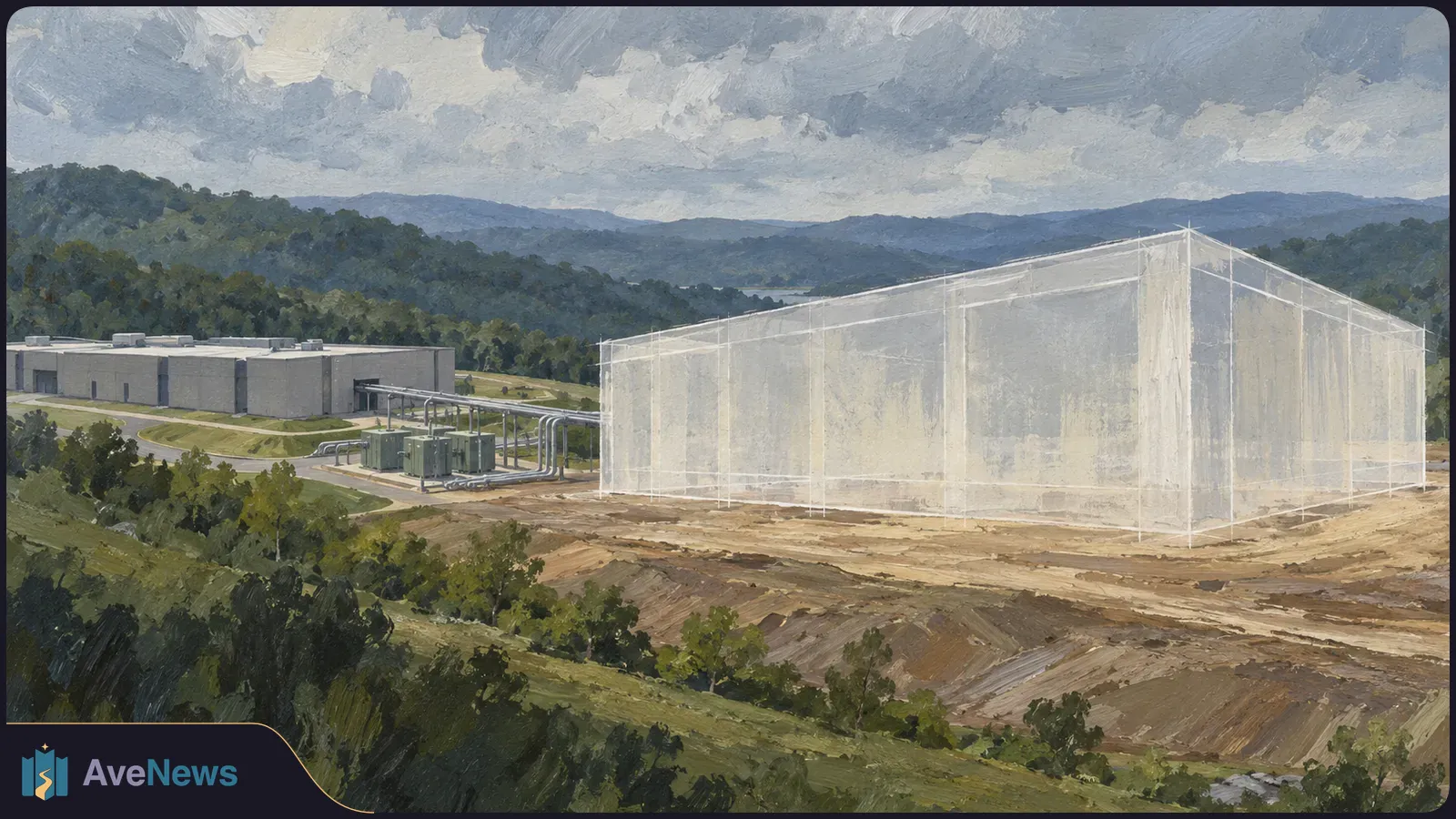 Painterly view of a gray industrial building and pipes beside a large translucent white building outline, with trees, hills and a cloudy sky behind them. SI illustration