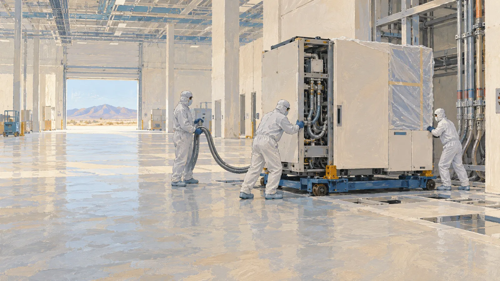Three people in white protective suits work around a large machine on a wheeled platform in a bright industrial hall; mountains are visible through an open doorway. SI illustration