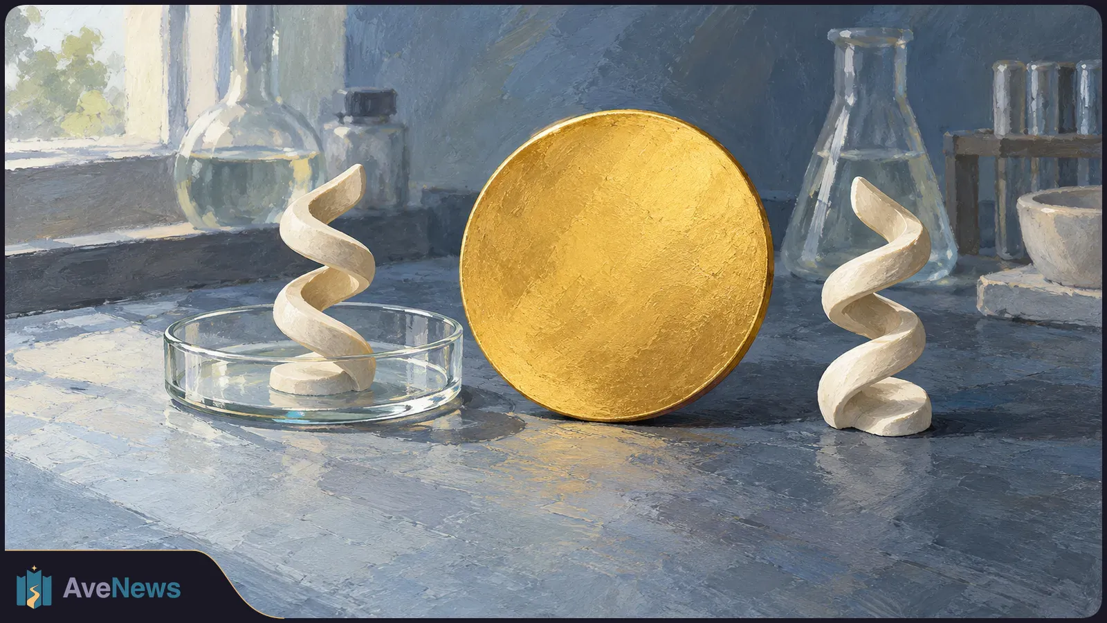 Painterly lab still life with a large gold disc between two ivory spirals, one in a glass dish, with flasks and bottles behind them. SI illustration