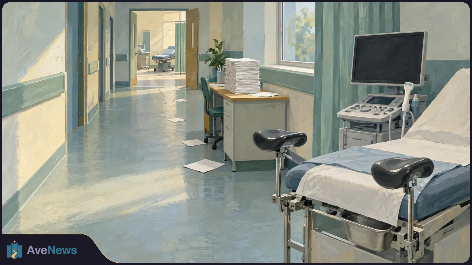 Painted empty examination room opening onto a hospital corridor, with an exam bed, ultrasound machine, tall stack of papers and loose sheets on the floor. SI illustration