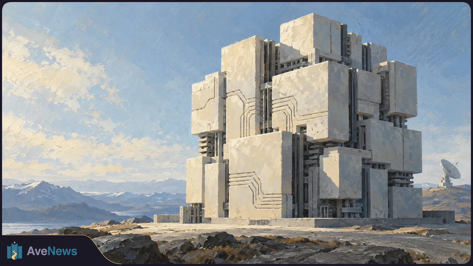 Illustration of a large block-like concrete structure on rocky ground, with mountains, water and a satellite dish in the distance beneath a cloudy sky. SI illustration