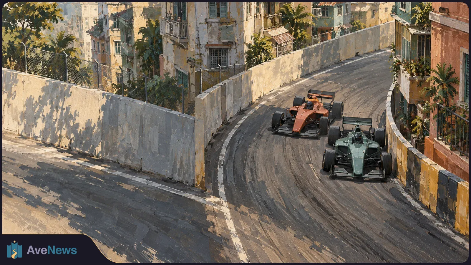 Painted scene of orange and green open-wheel race cars rounding a tight street-course bend between concrete barriers and old buildings. SI illustration