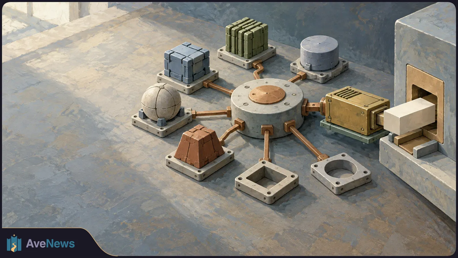 A painted array of differently shaped modules connects to a round hub. Two empty mounts sit in front, and a pale block extends into a machine on the right. SI illustration