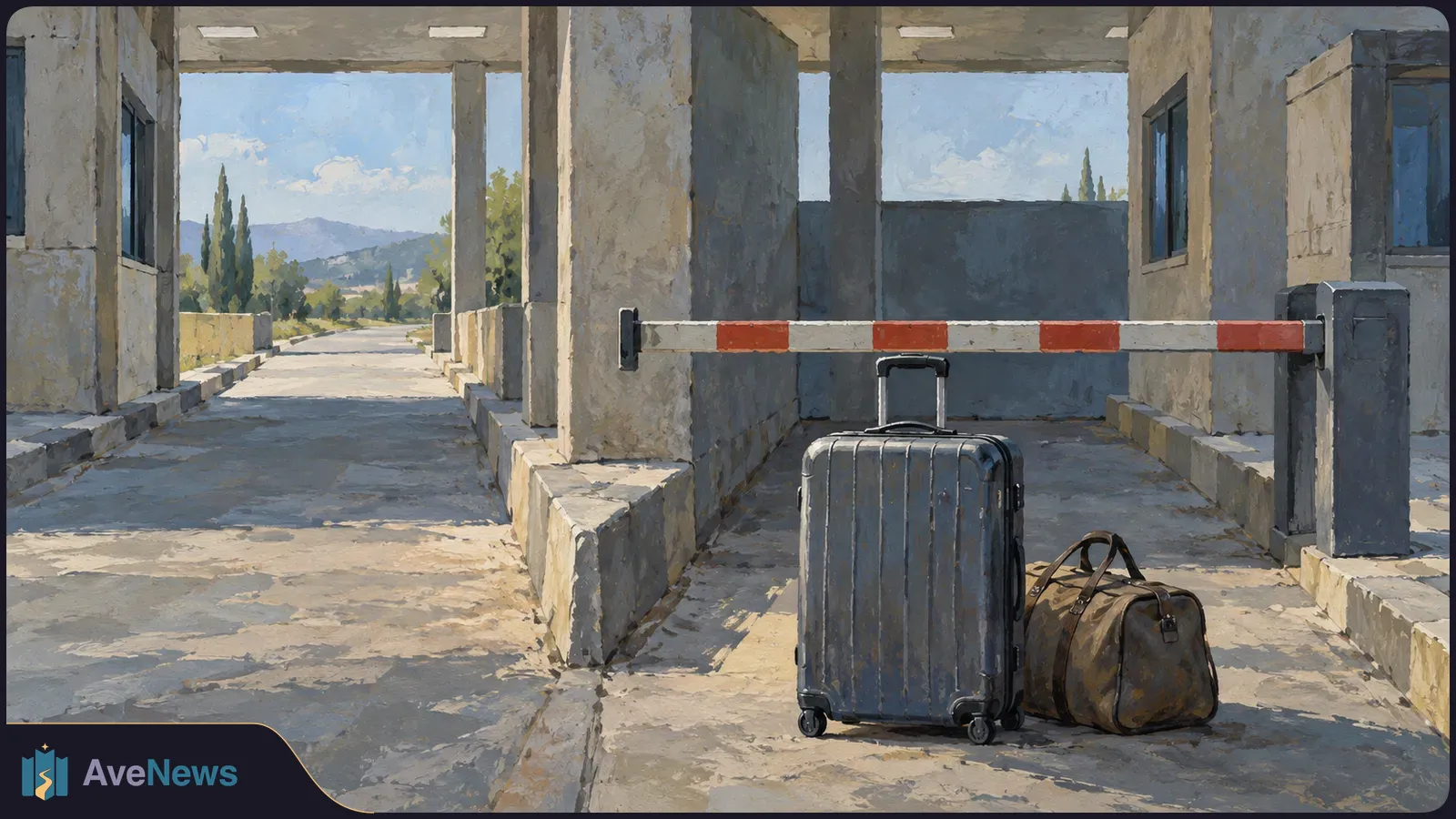 Illustration of a lowered barrier at an empty checkpoint, with a wheeled suitcase and duffel bag in front of it. SI illustration