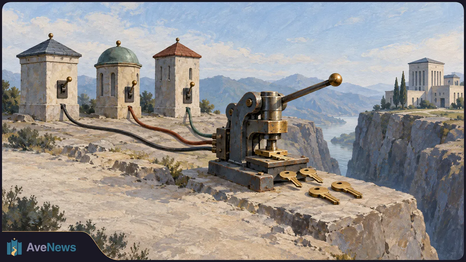 Painted mountain scene with three switch towers wired to a metal press beside several gold keys; a pale building stands across a gorge. SI illustration