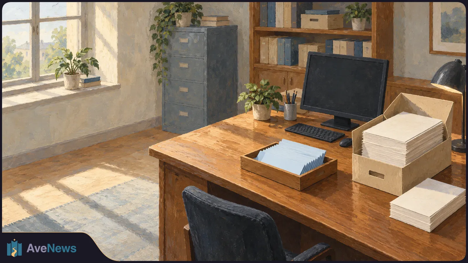 Painted office with a wooden desk holding stacks of blank papers, a box of folders, and a dark computer monitor; shelves and a filing cabinet stand behind it. SI illustration