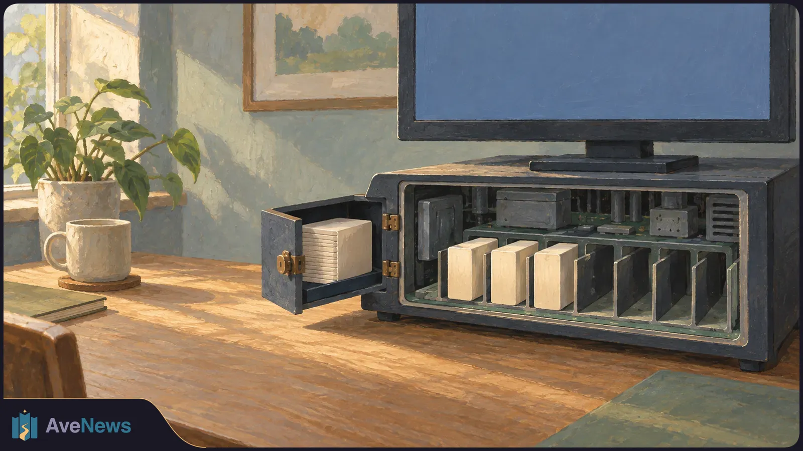 Painted scene of an open computer case holding pale rectangular components beneath a blank blue monitor, on a sunlit desk beside a mug and plant. SI illustration