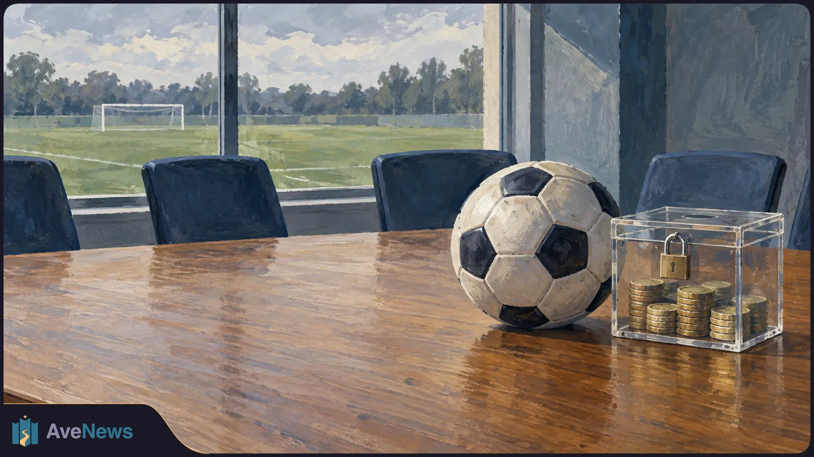 Painted scene of a football and a padlocked clear box of coins on a conference table, with a football pitch visible through the window. SI illustration
