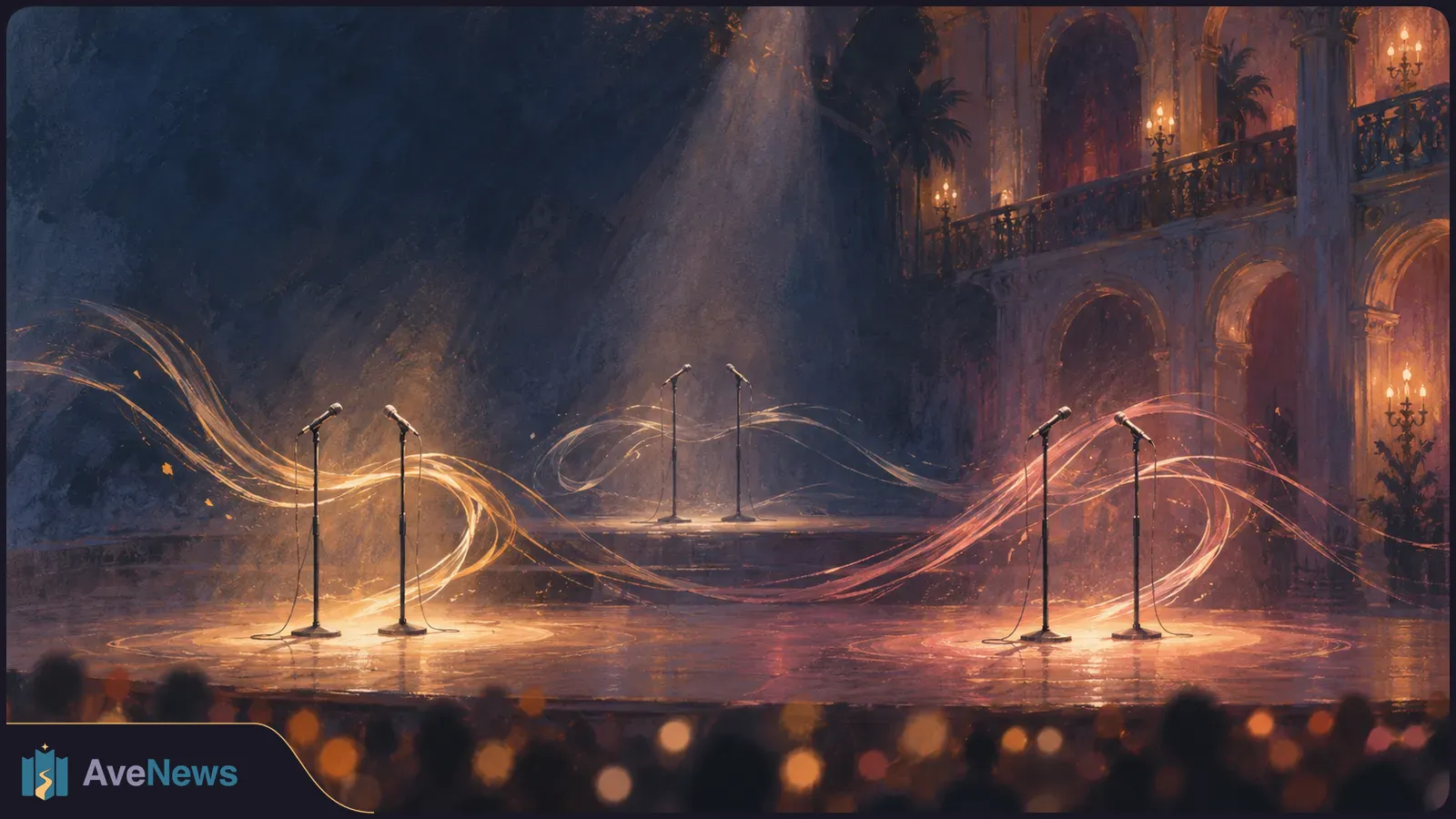 Six microphones stand on an empty stage in an ornate hall, with glowing gold and pink light trails and audience silhouettes below. SI illustration