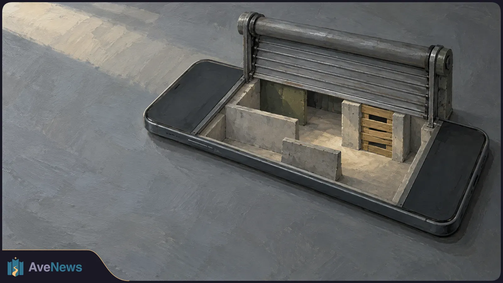A phone-shaped platform holds concrete barriers, a wooden barricade and a partly lowered metal shutter against a gray background. SI illustration