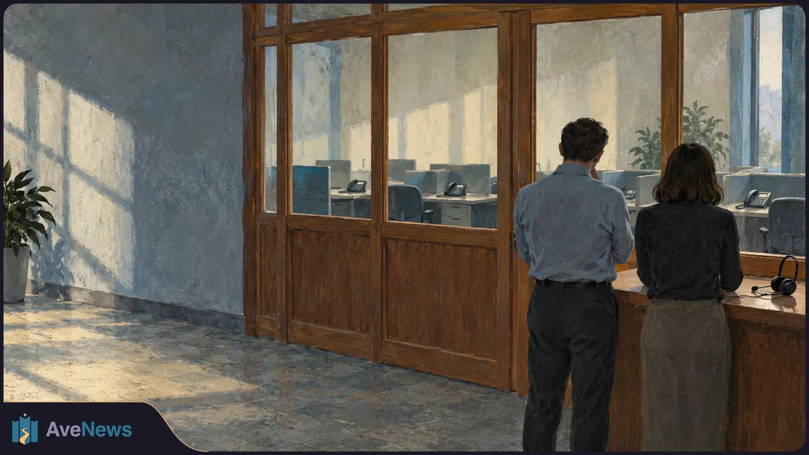 Painterly office scene with two people seen from behind at a wooden counter. Through glass partitions are empty desks, computers and telephones. SI illustration