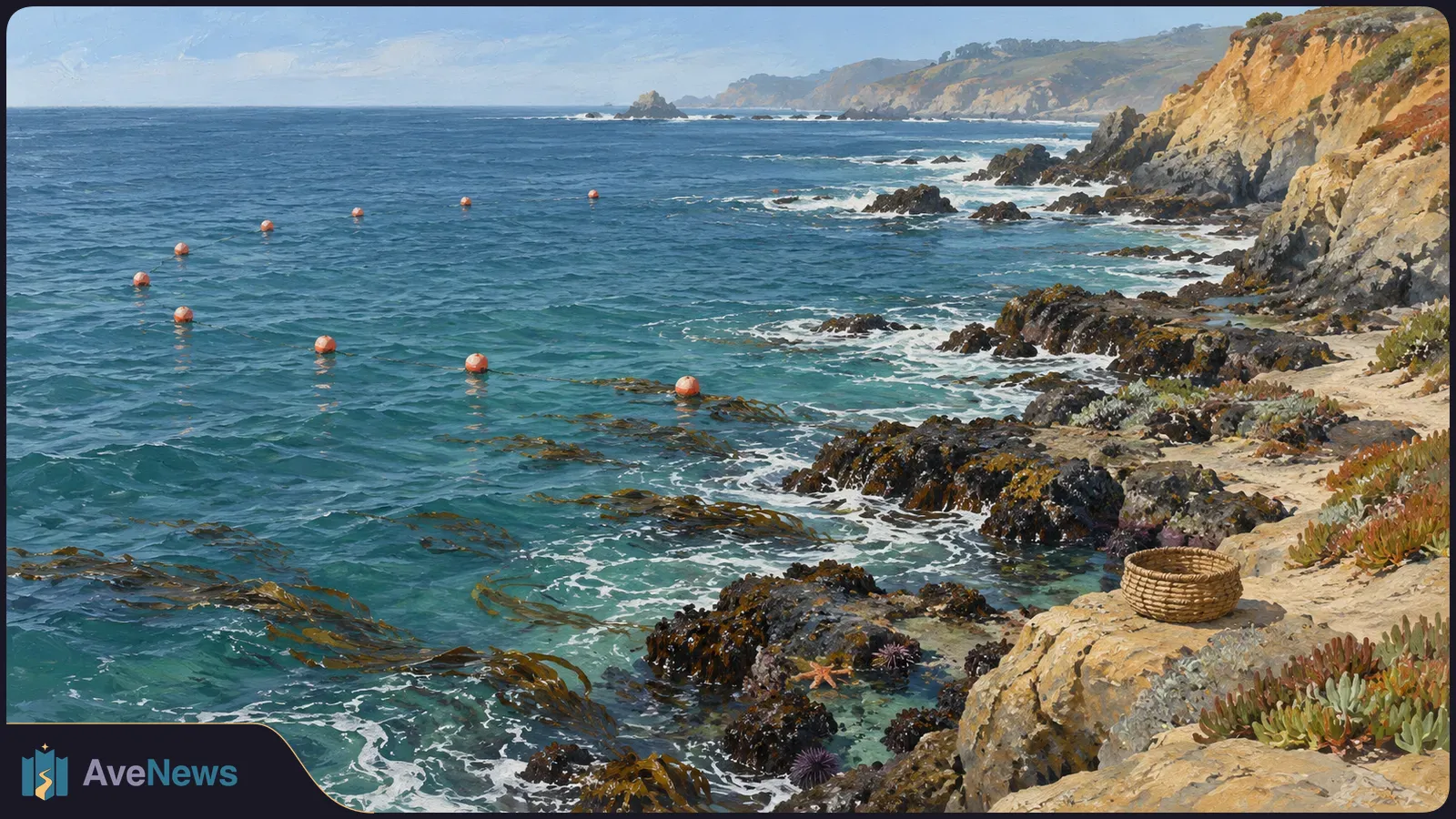 Painted rocky coast with kelp in the water, a line of orange buoys offshore, and an empty woven basket on a sunlit ledge. SI illustration