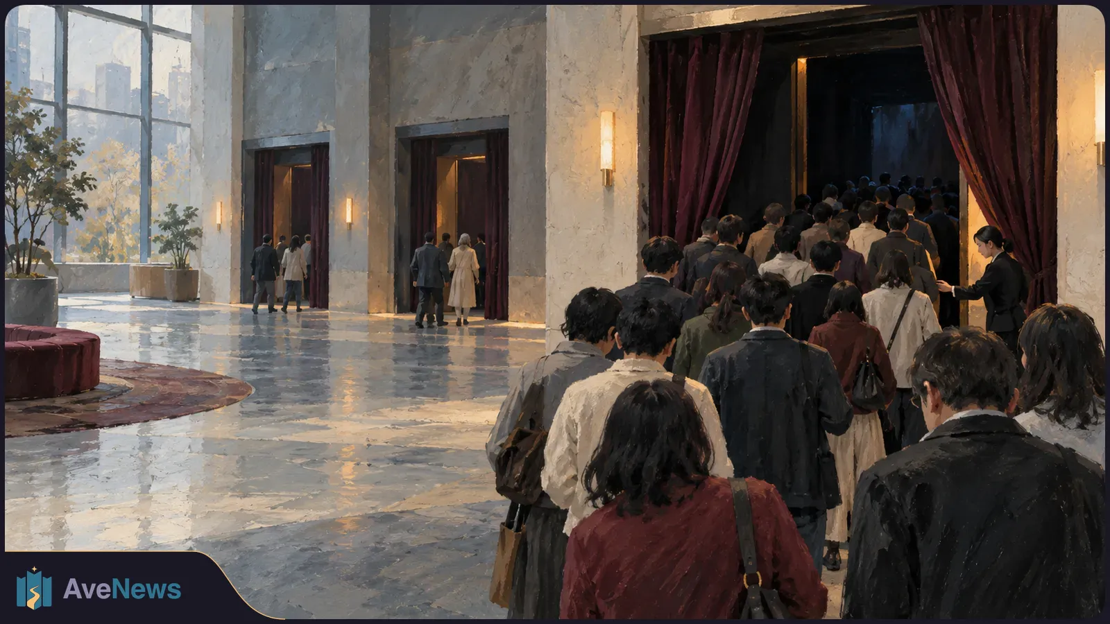 A painted scene of people queuing to enter a curtained cinema auditorium from a spacious lobby with tall windows and a glossy floor. SI illustration