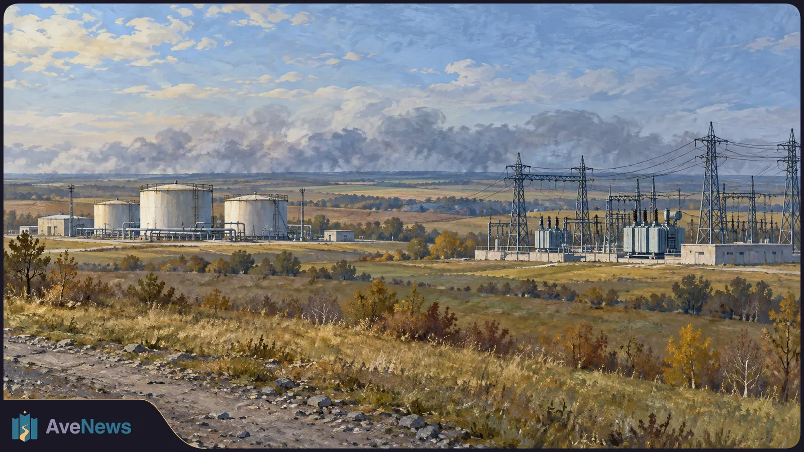 Painted landscape with three large storage tanks on the left and an electrical substation and power pylons on the right, beneath a cloudy sky. SI illustration