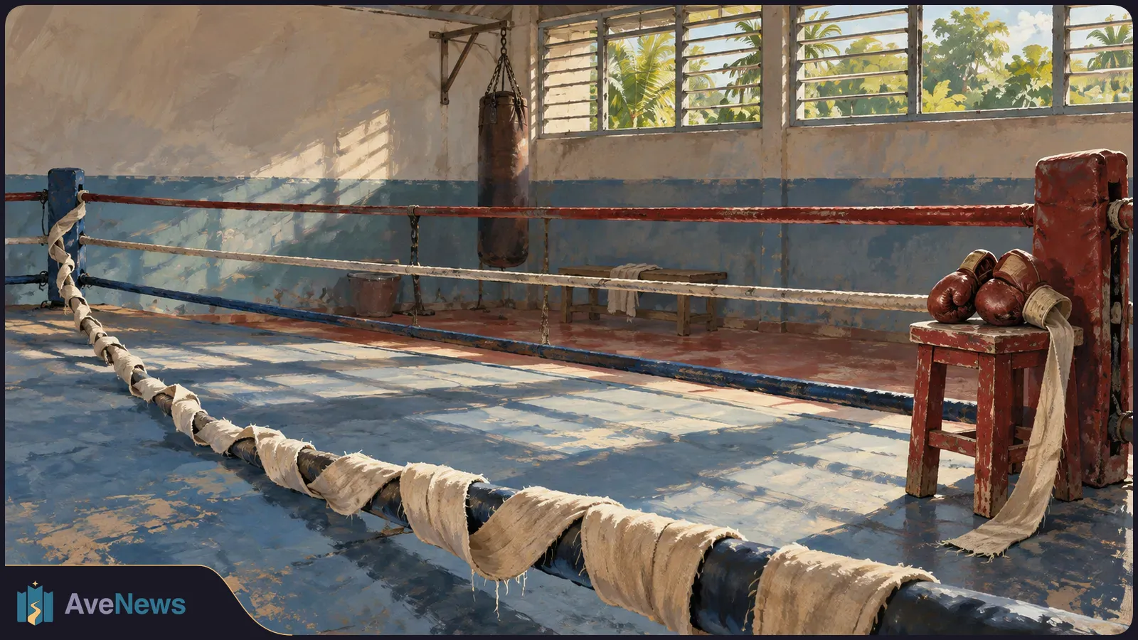 Painted empty boxing gym with a worn ring, hanging punching bag, and gloves resting on a stool in sunlight. SI illustration