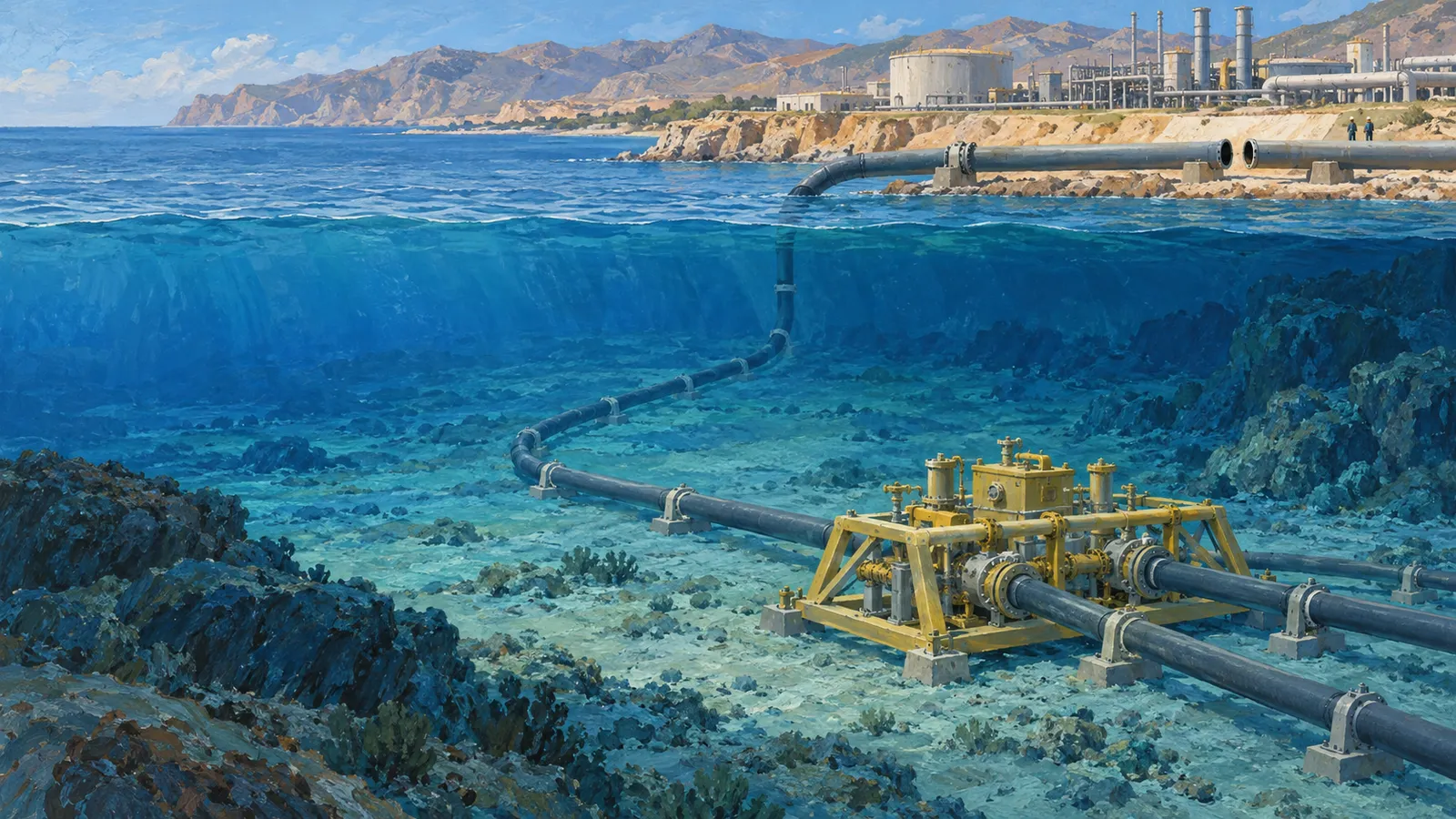 Illustration of subsea pipes crossing a rocky seabed and connecting to yellow equipment, with an industrial facility and mountains along the coast. SI illustration