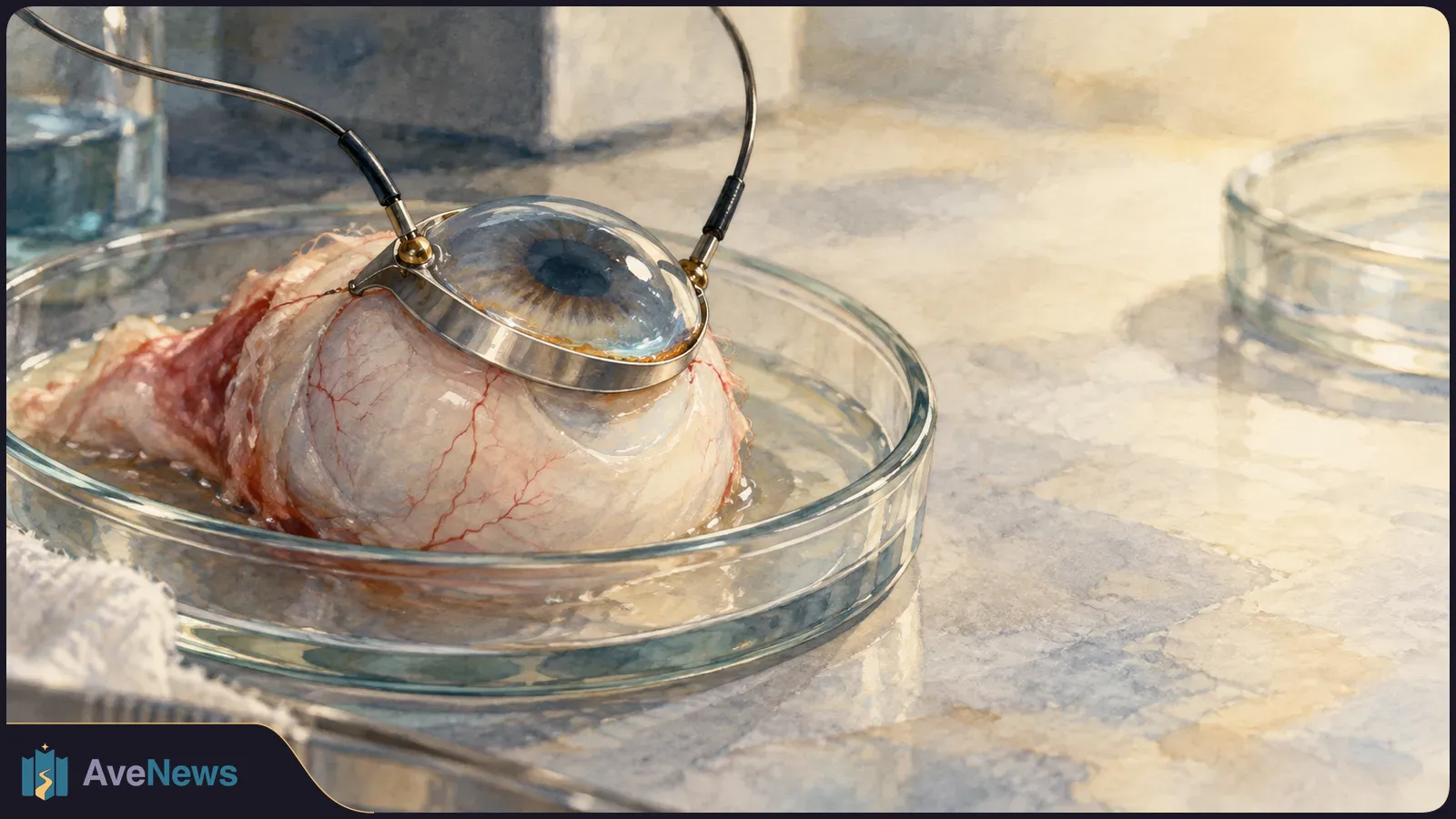 An isolated eyeball rests in a glass dish, with a clear, metal-rimmed dome over its front and two wires attached. SI illustration