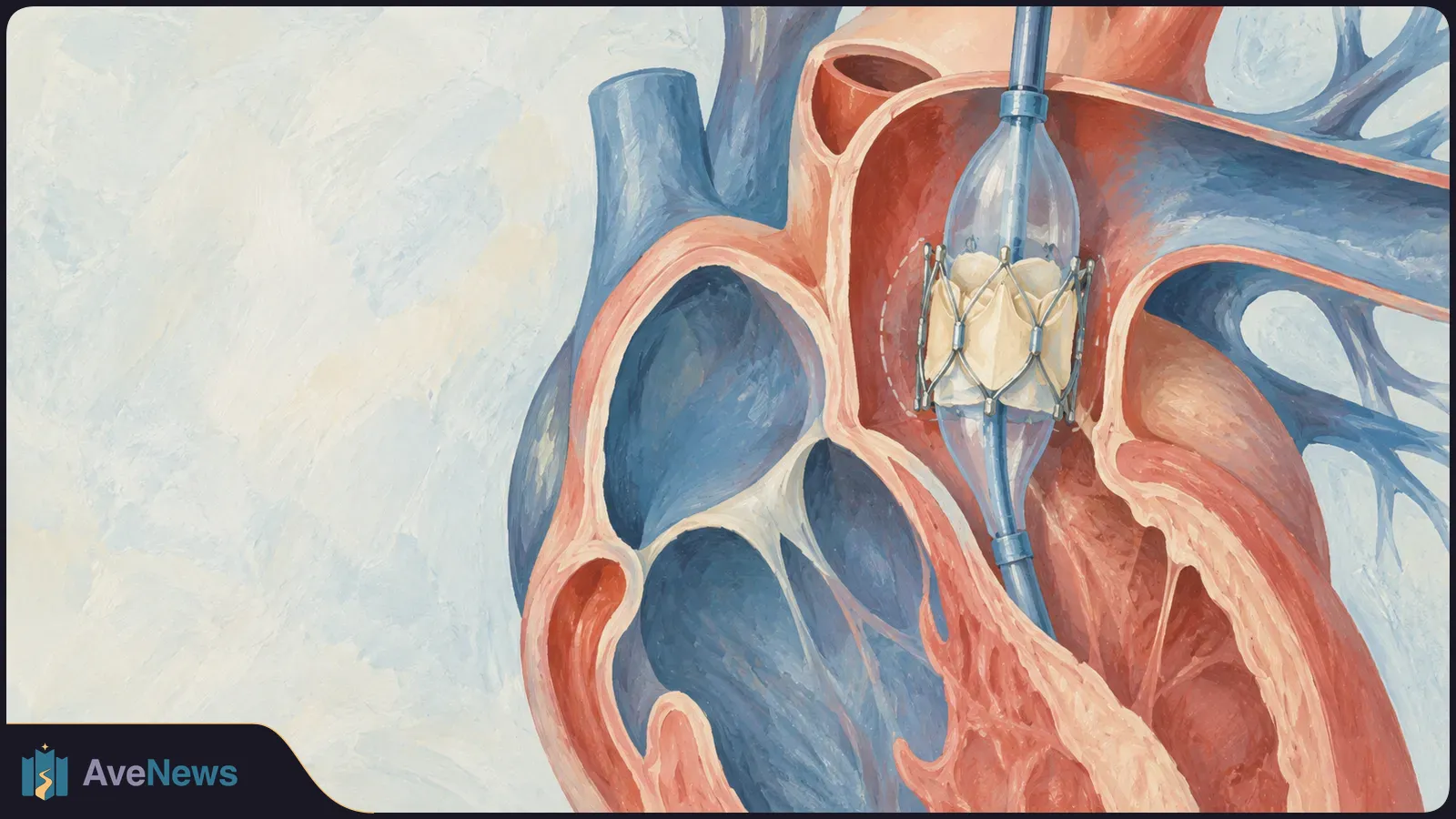 Painted cutaway of a heart showing a metal-framed replacement valve with a catheter passing through it. SI illustration
