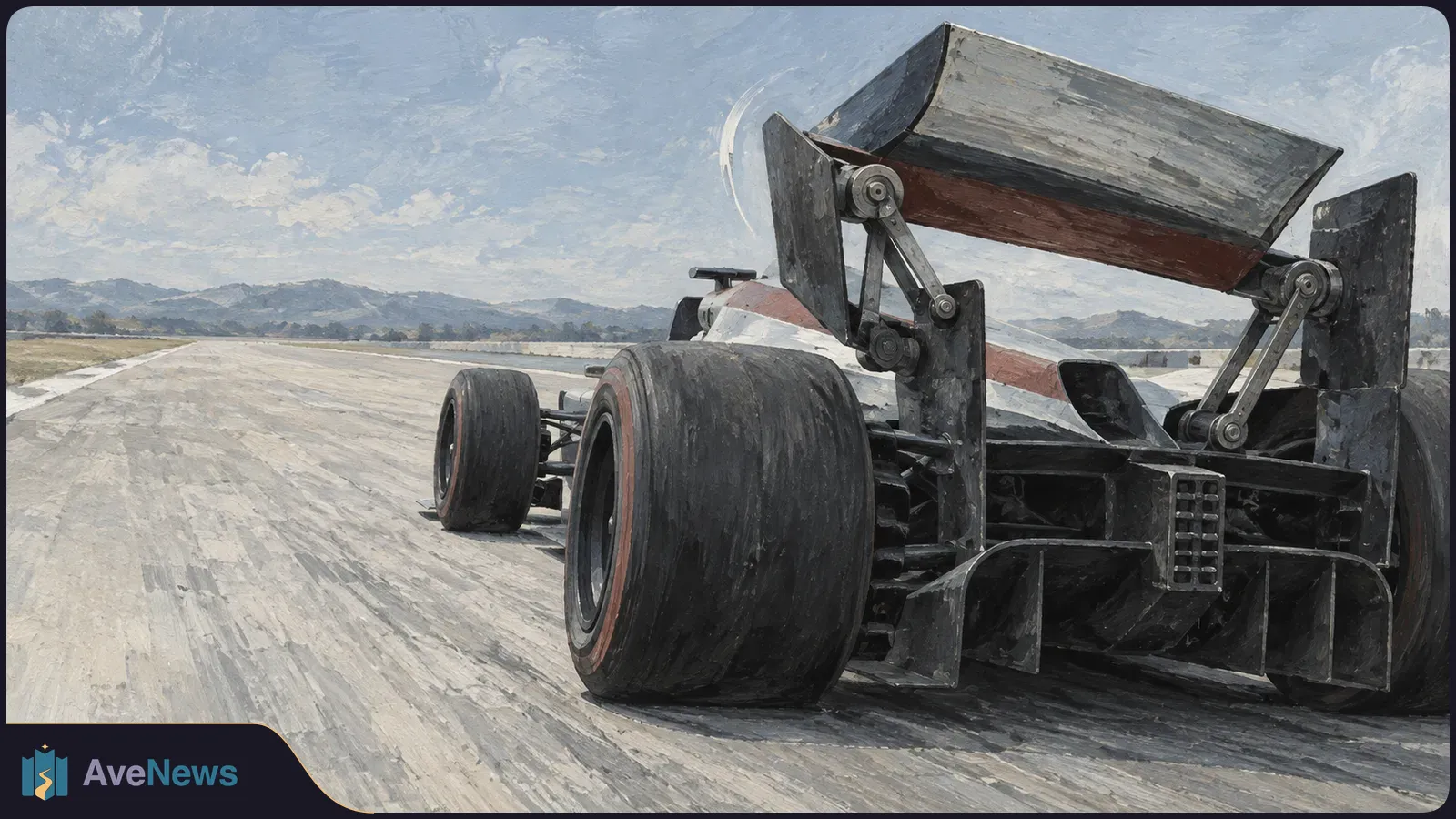 Painted rear view of a race car on a track, with oversized tires and a raised rear wing held by visible rotating linkages. SI illustration