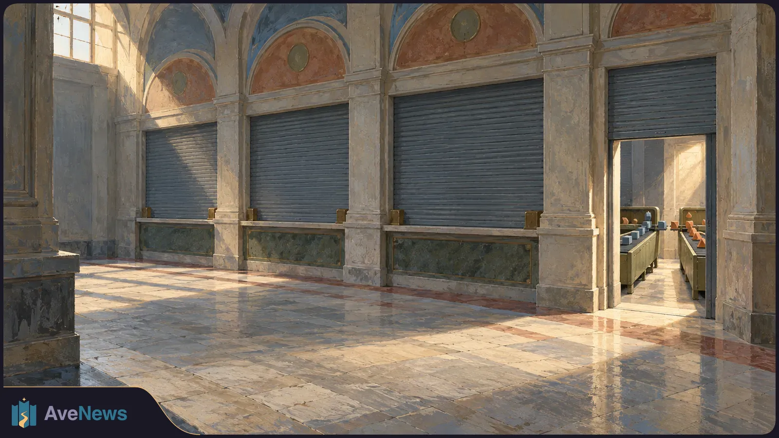 A sunlit arched hall has three closed metal shutters and an open bay at the right, with counters visible beyond. SI illustration