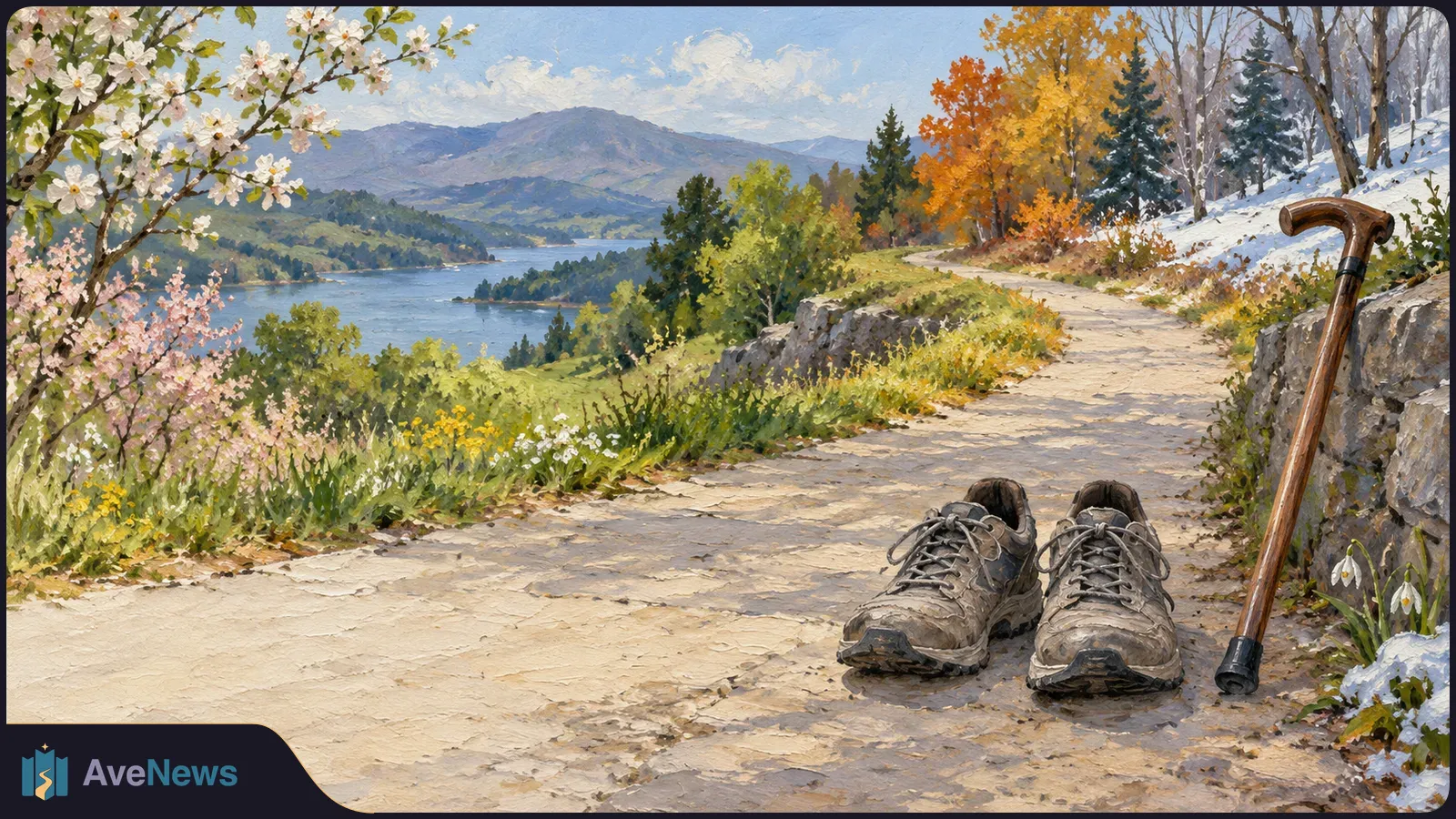 Painted landscape with a pair of walking shoes and a cane beside a winding path overlooking a lake and mountains; flowering, autumn and snow-covered trees line the path. SI illustration