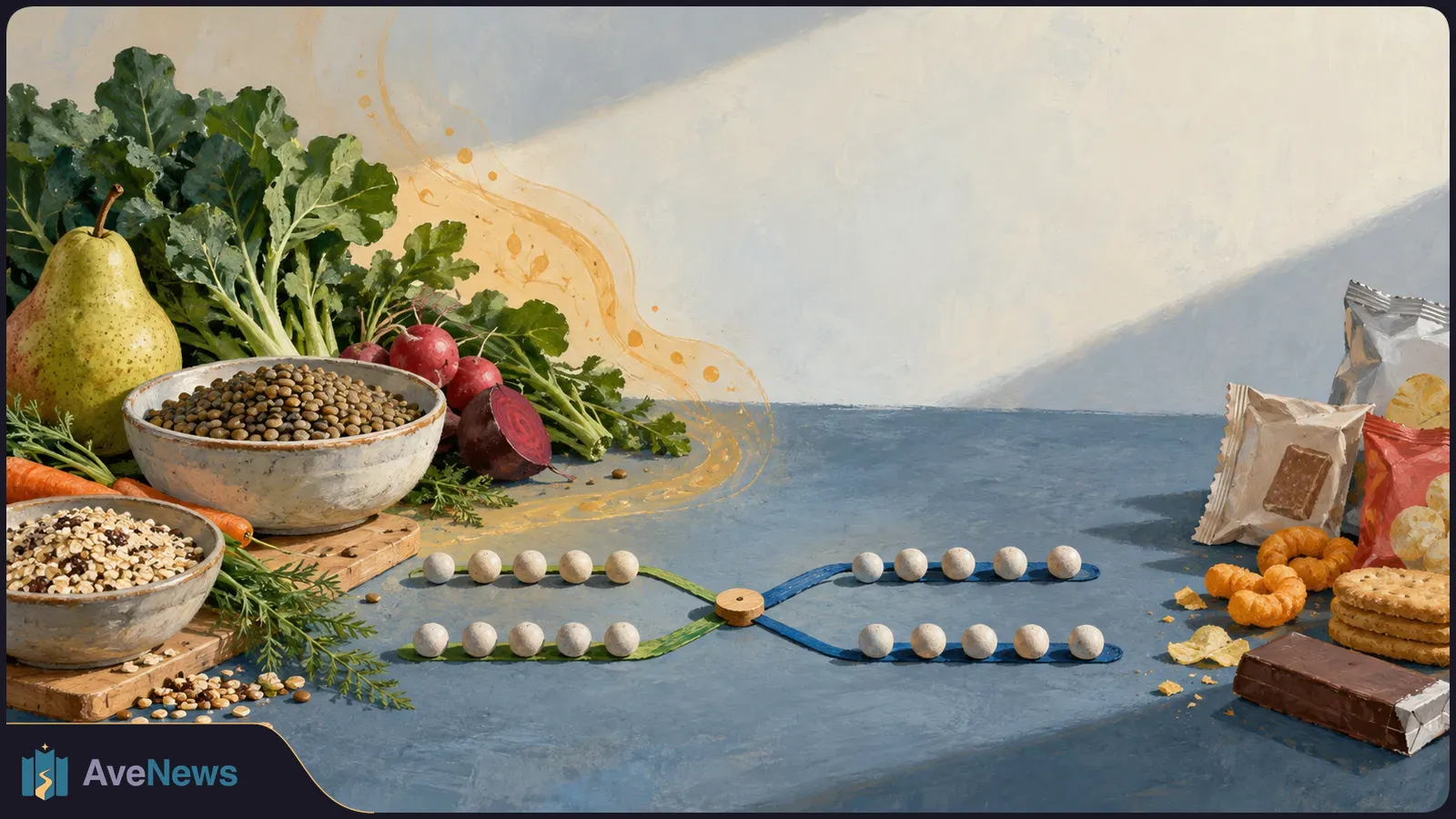 Painterly still life of produce, lentils and grains on the left, packaged snacks on the right, and rows of white beads on crossing green and blue ribbons between them. SI illustration