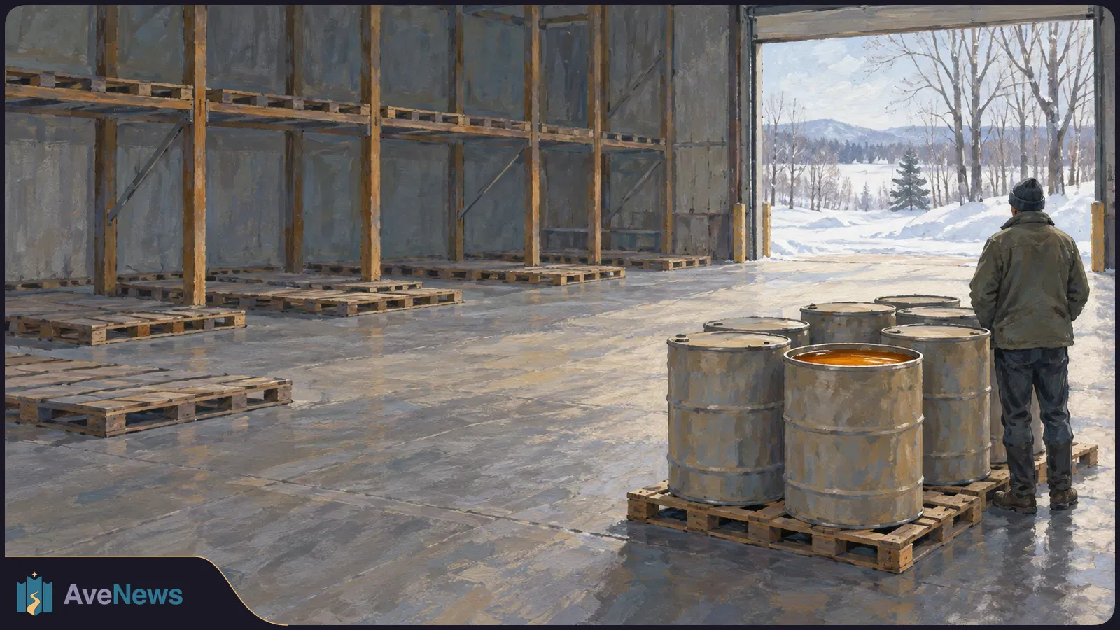 Illustration of a person beside metal drums on pallets in a mostly empty warehouse. An open doorway shows a snowy landscape. SI illustration