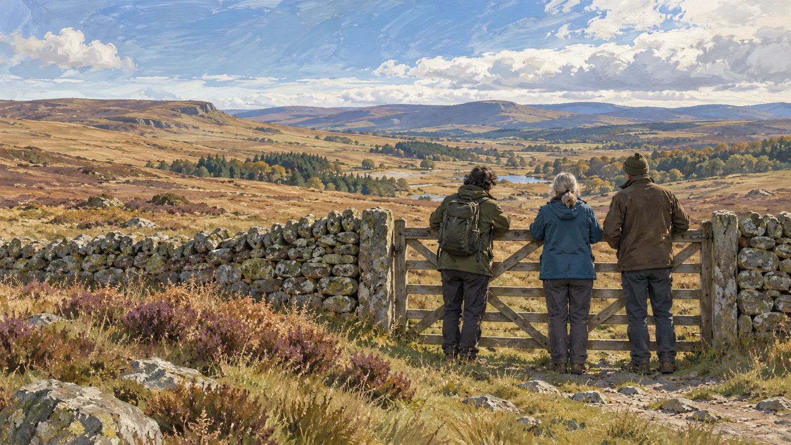 Three people stand at a wooden gate between stone walls, looking across a broad valley of moorland, trees and distant hills. SI illustration