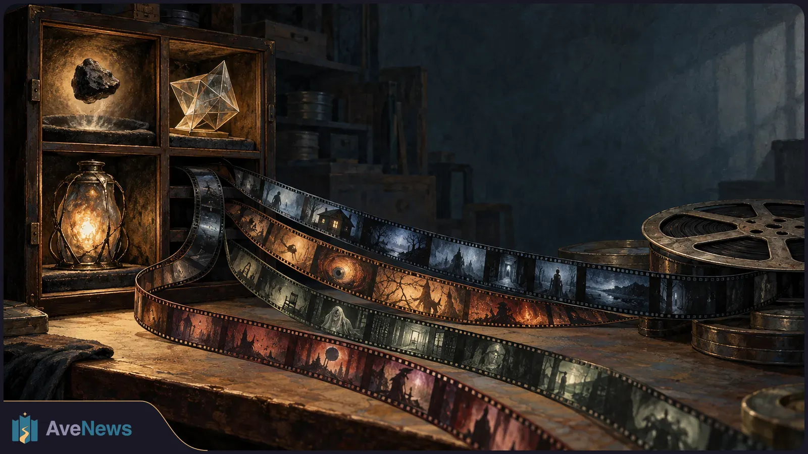 Film strips showing eerie scenes curl across a table beside reels and a cabinet holding a glowing lantern, a dark rock and a glass geometric object. SI illustration